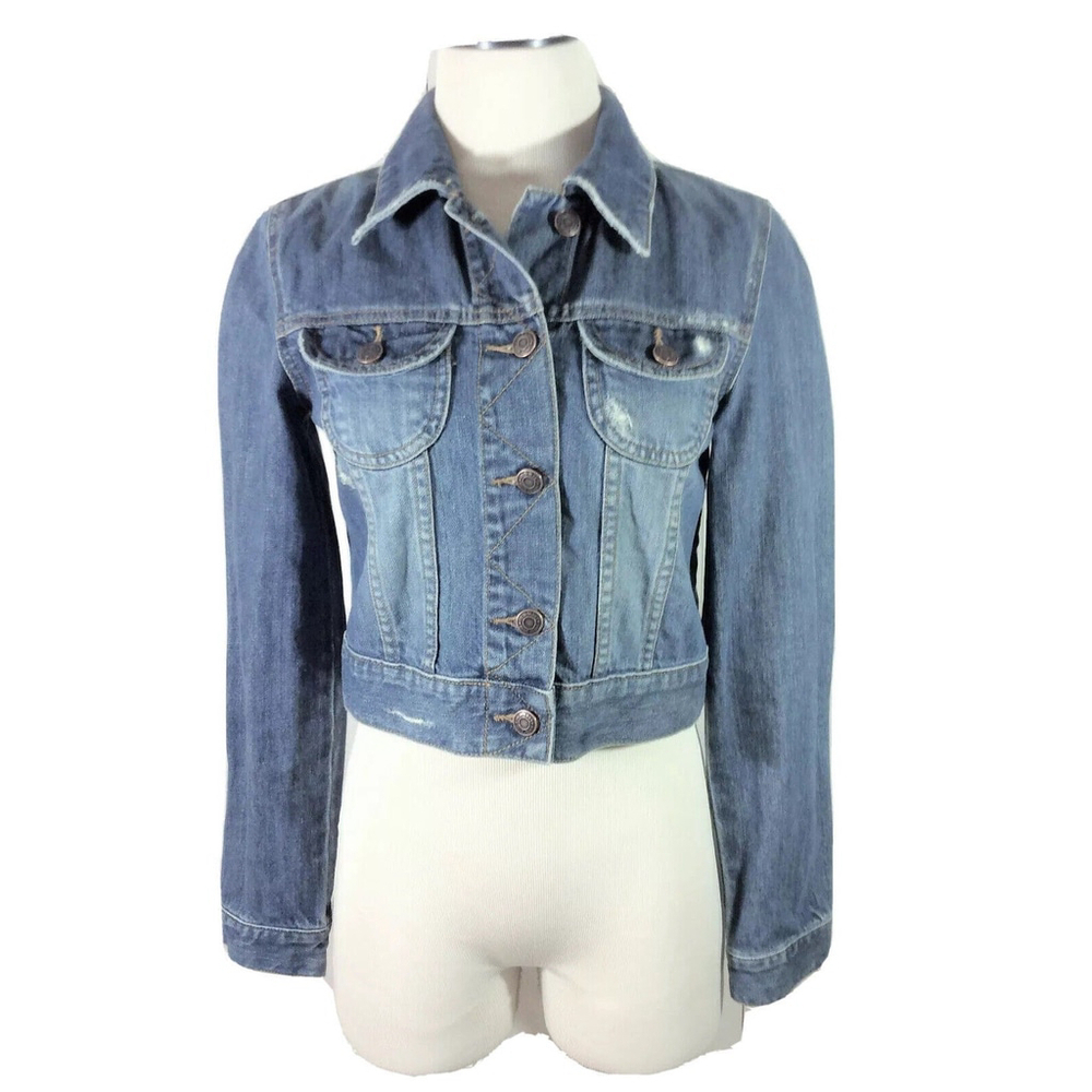 Old Navy Distressed Blue Denim Jean Jacket Chest Pockets Medium Wash Sz S